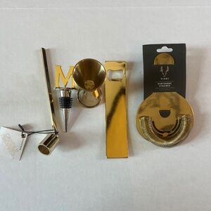 #2892 4 pc Gold Cocktail Tools kit, Strainer, bottle stopper, double jigger